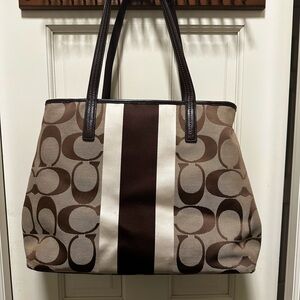 Vintage Coach Signature Canvas Tote in Brown with Cream Center Stripe